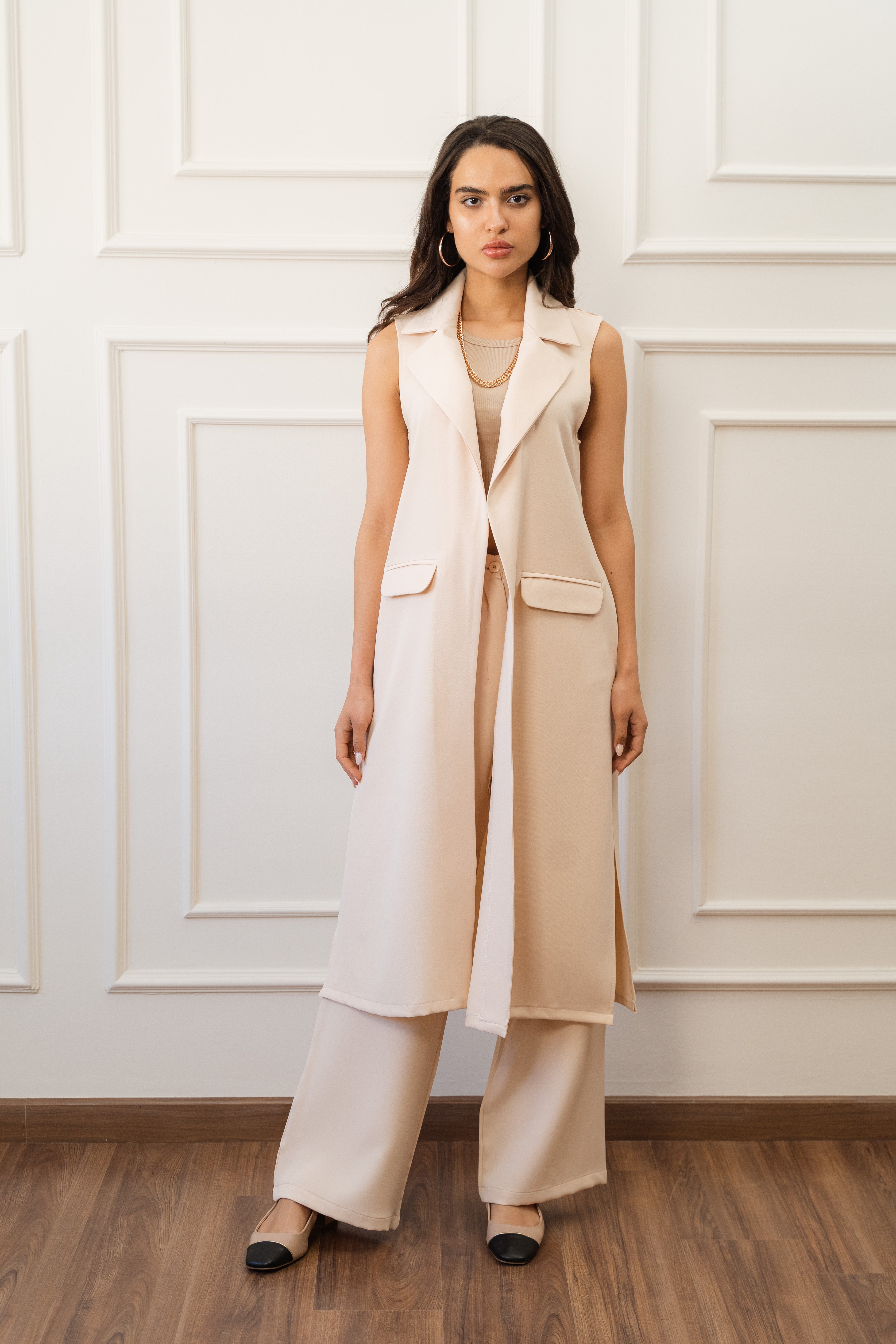 Long Classic Vest In Light Beige
