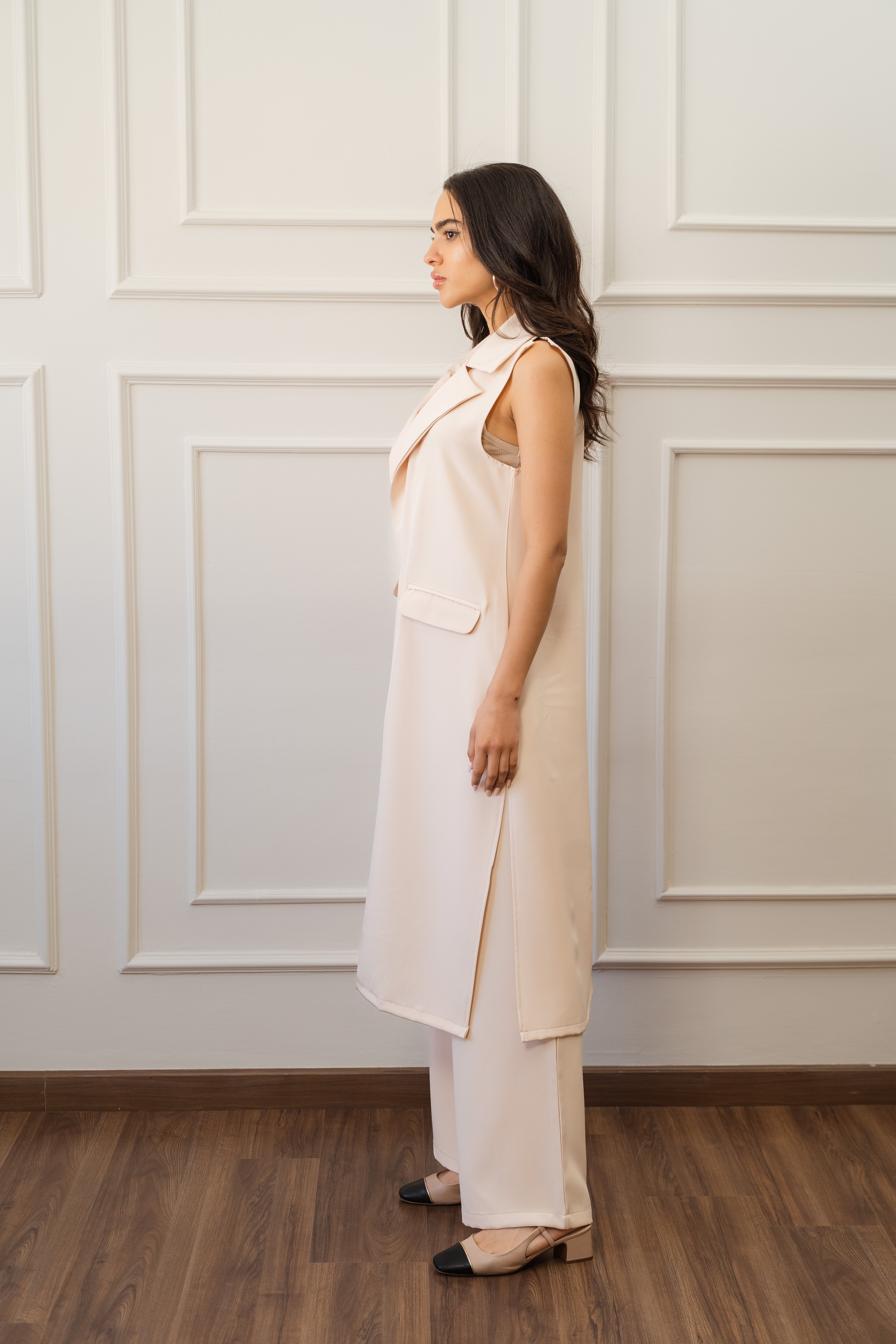 Long Classic Vest In Light Beige