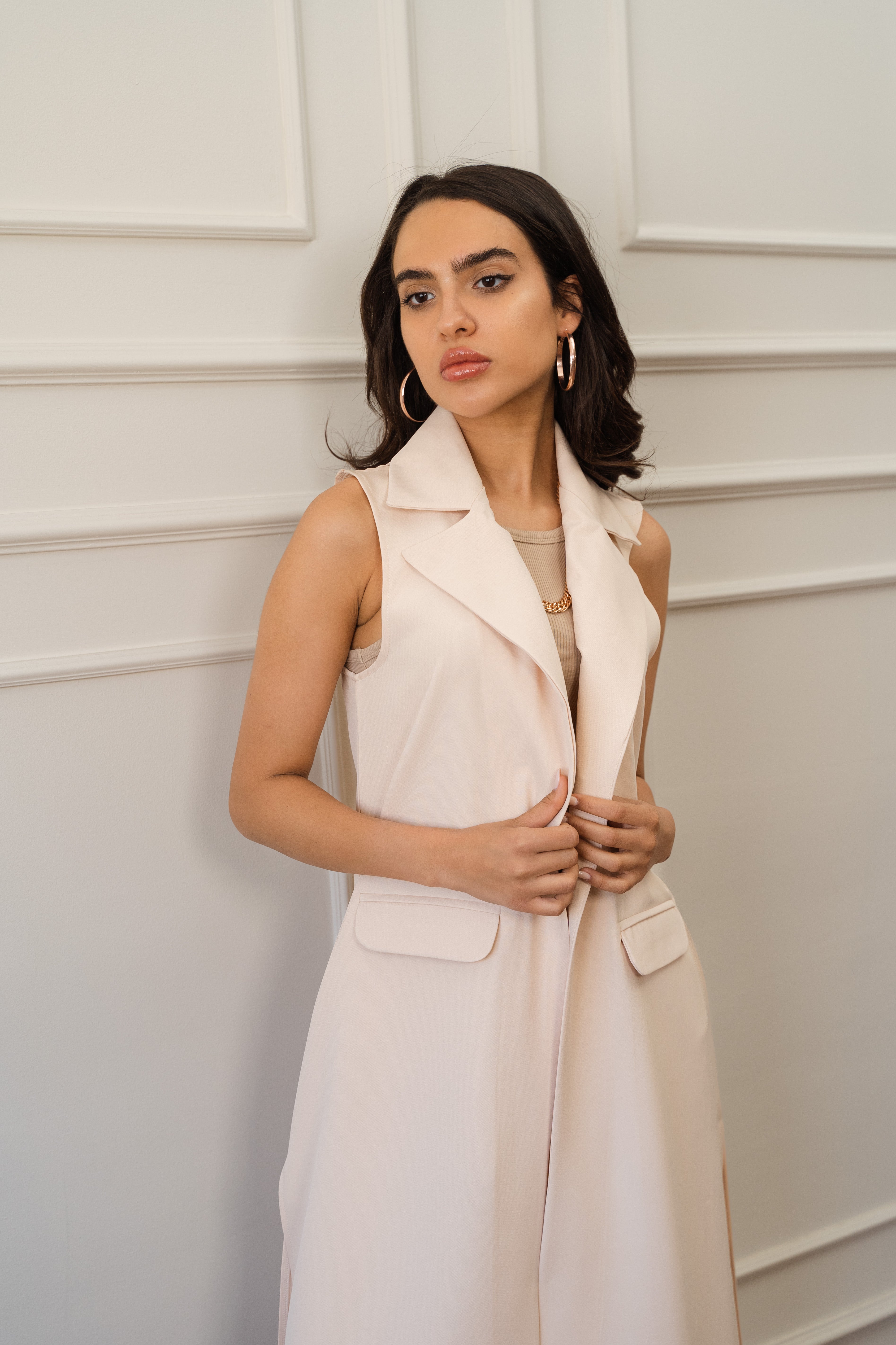 Long Classic Vest In Light Beige