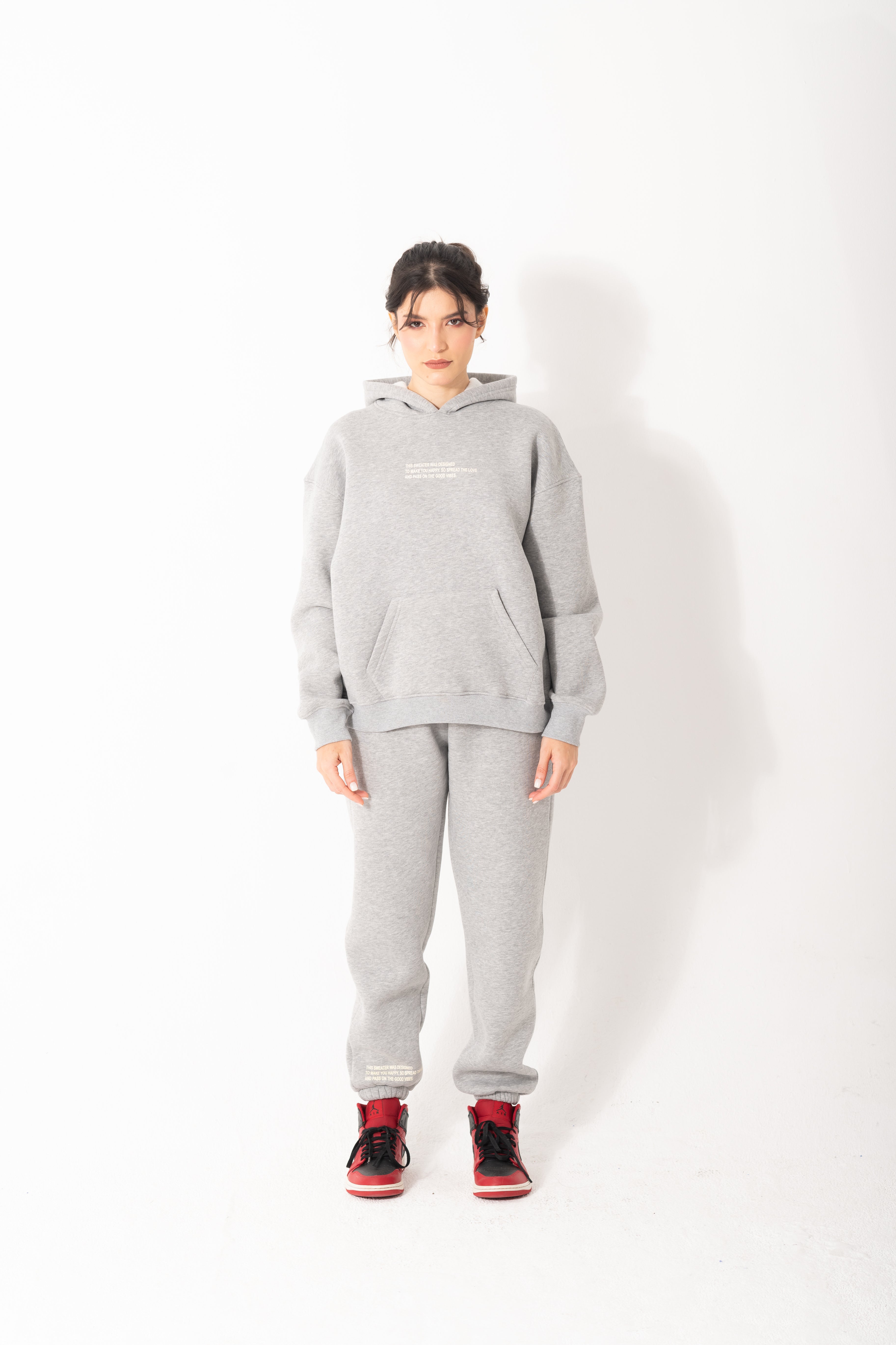 Printed Melton Hoodie Set In Gray