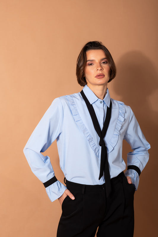 Ruffle Detail Shirt In Baby Blue