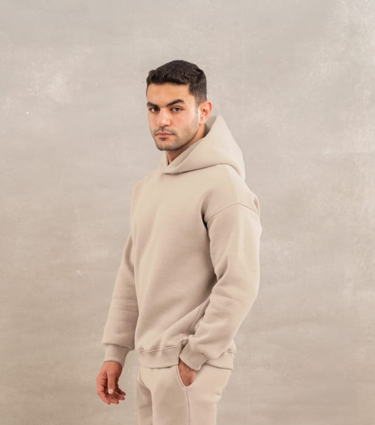 Men Basic Fleece Hoodie In Beige