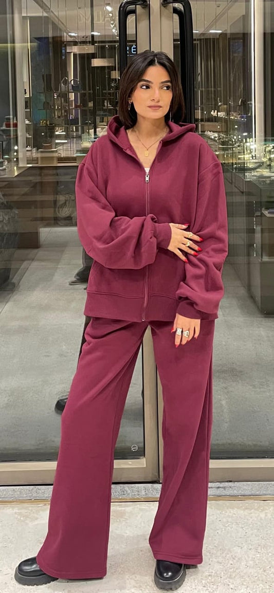 S-N-Fleece Jacket Set In Burgundy