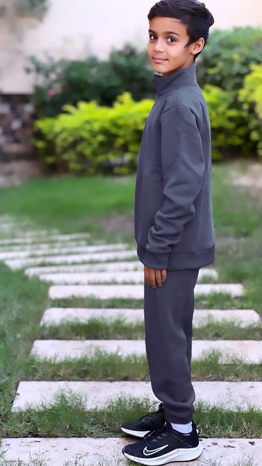 High Neck Zipper Set For Kids In Gray