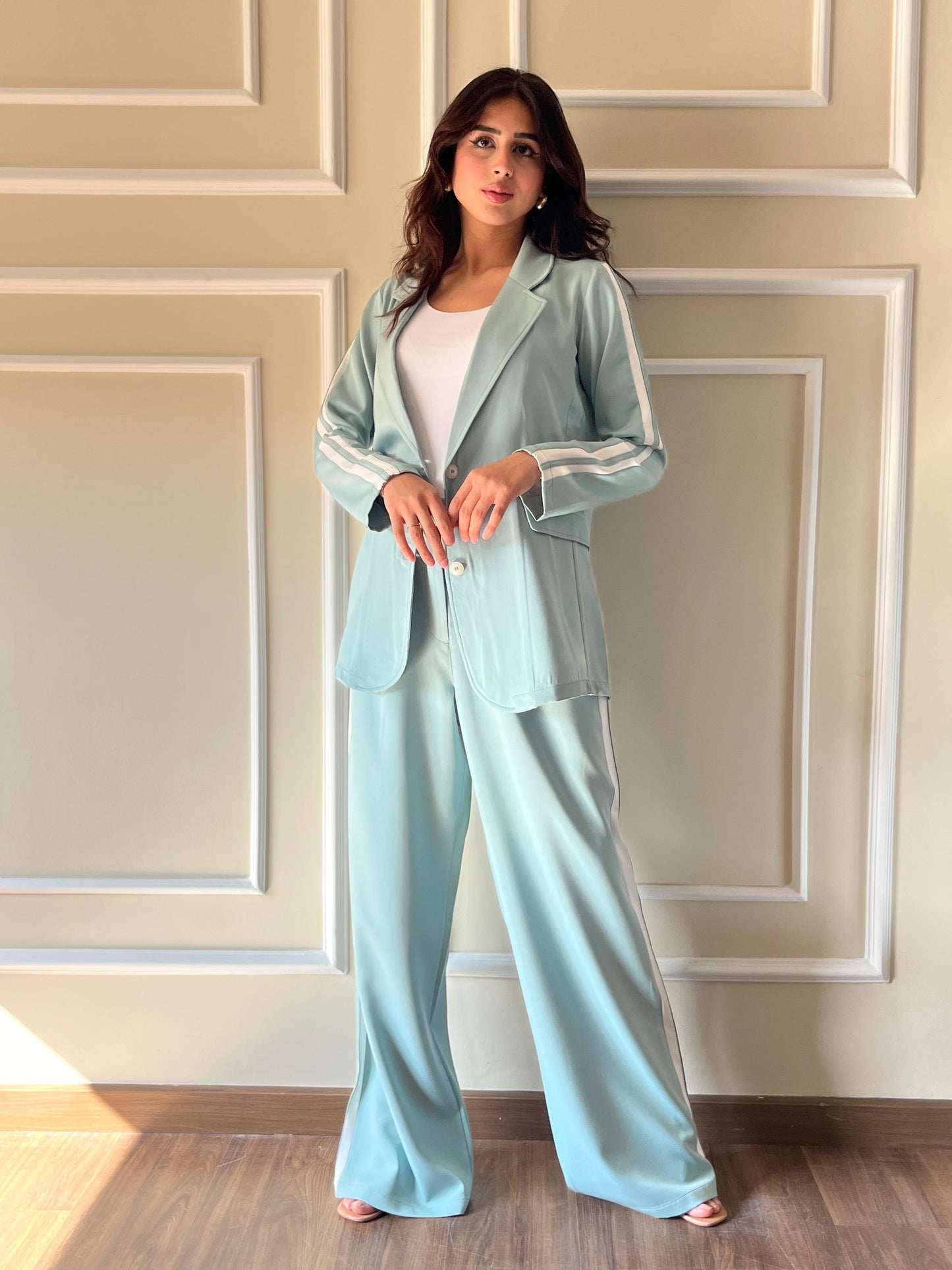 Side Strrip Blazer Set | Mint Green