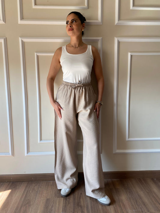 Wide Leg Linen Trousers | Beige