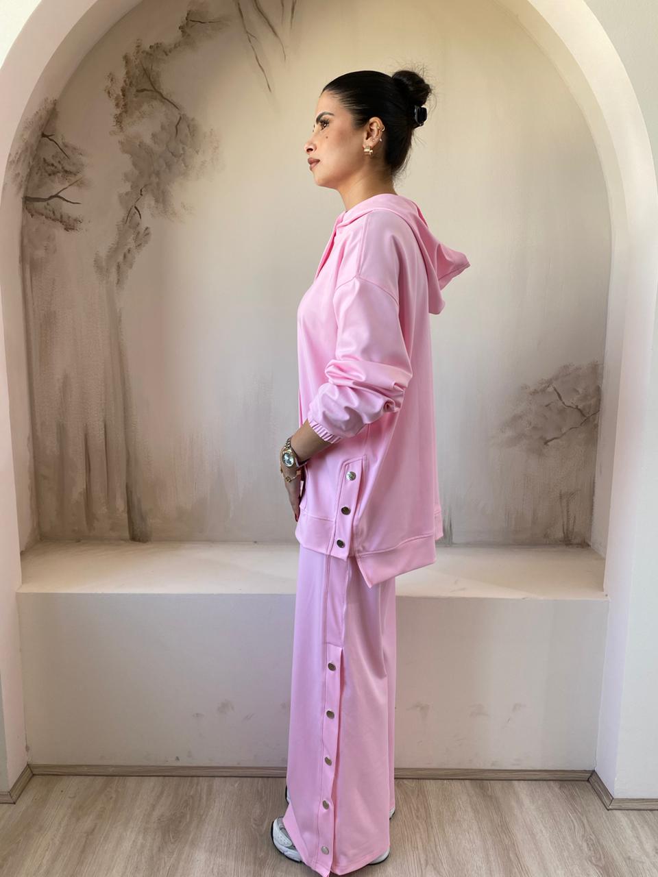 Wide Leg Side Buttons Set In Pink