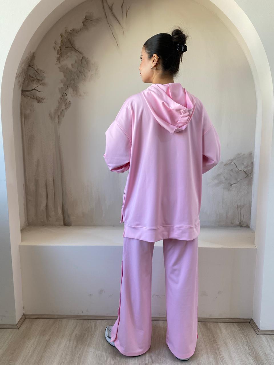 Wide Leg Side Buttons Set In Pink