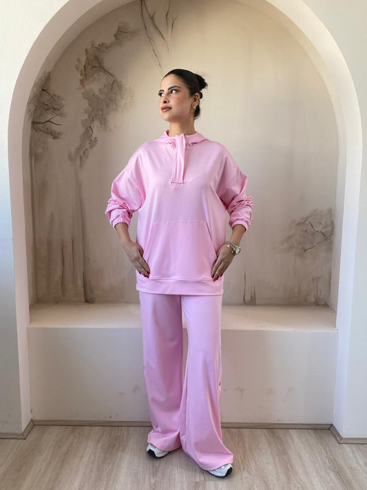 Wide Leg Side Buttons Set In Pink