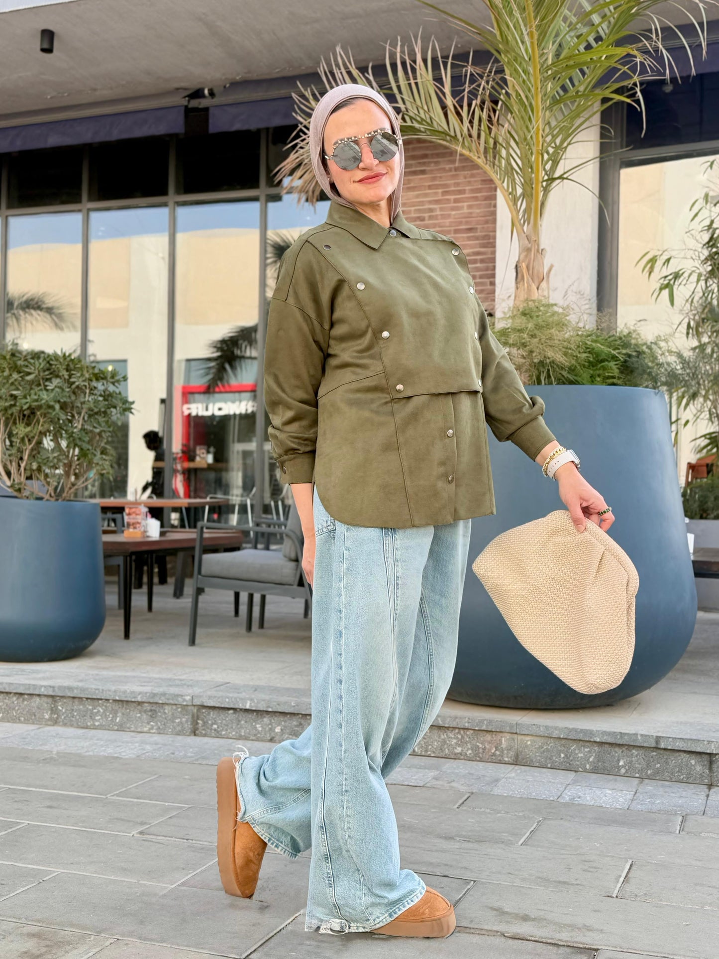 Faux Suede Overshirt In Olive
