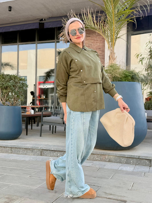 Faux Suede Overshirt In Olive