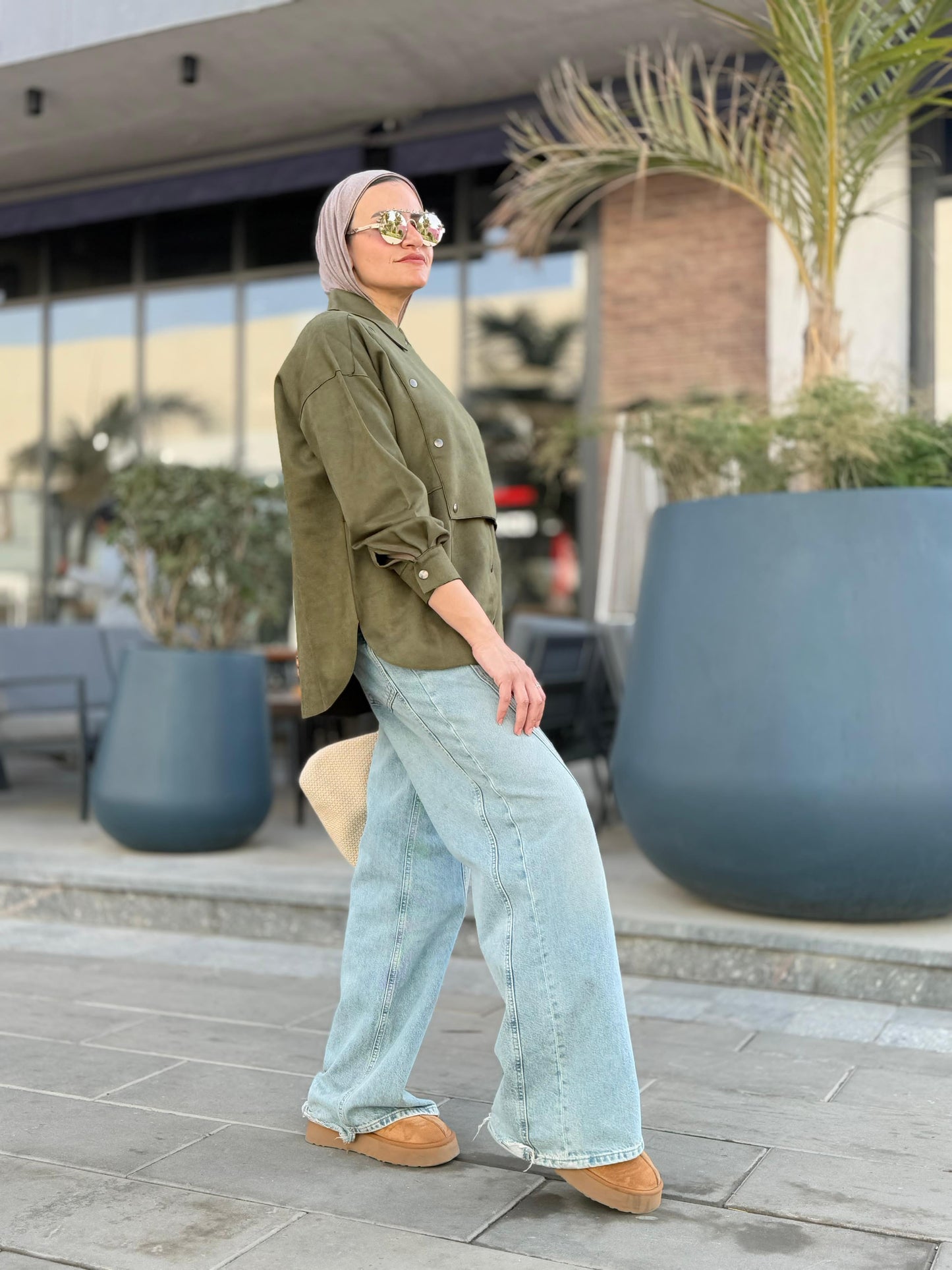 Faux Suede Overshirt In Olive