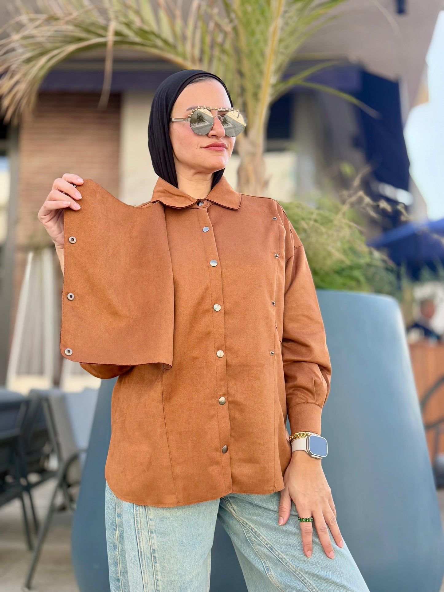 Faux Suede Overshirt In Camel