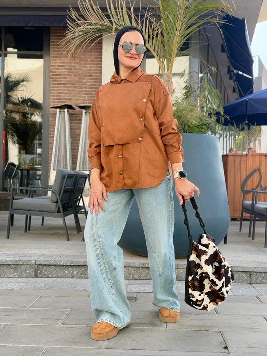 Faux Suede Overshirt In Camel