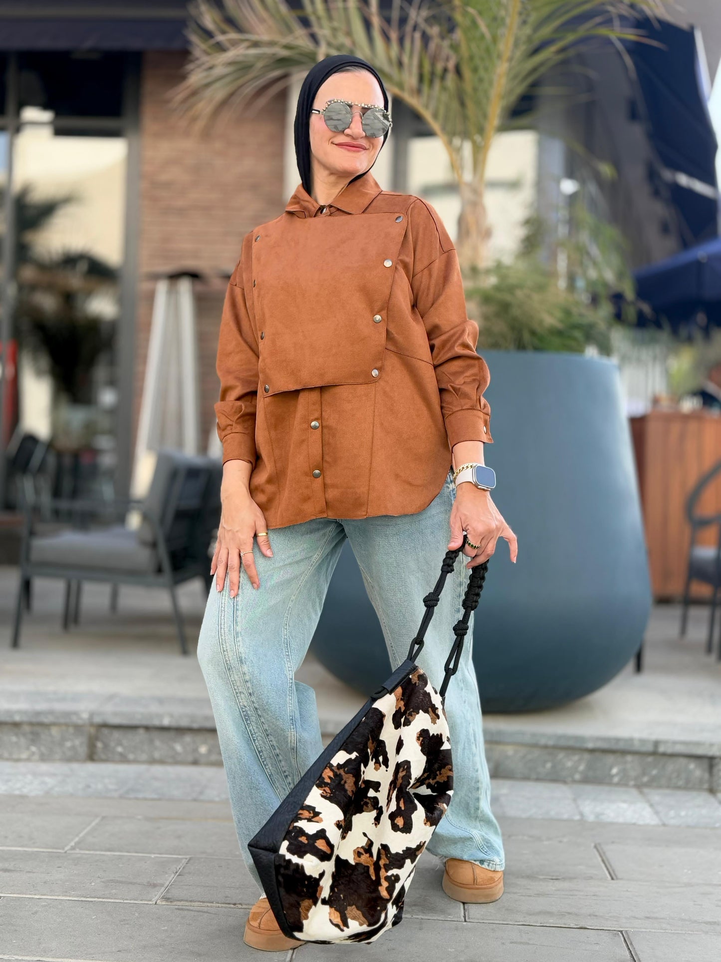 Faux Suede Overshirt In Camel