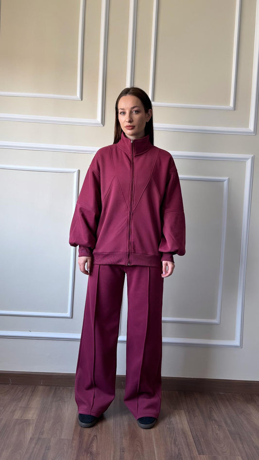 Soft Bomber Jacket Set In Burgundy