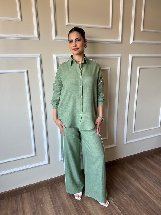 White Stripe Linen Set | Mint-Green