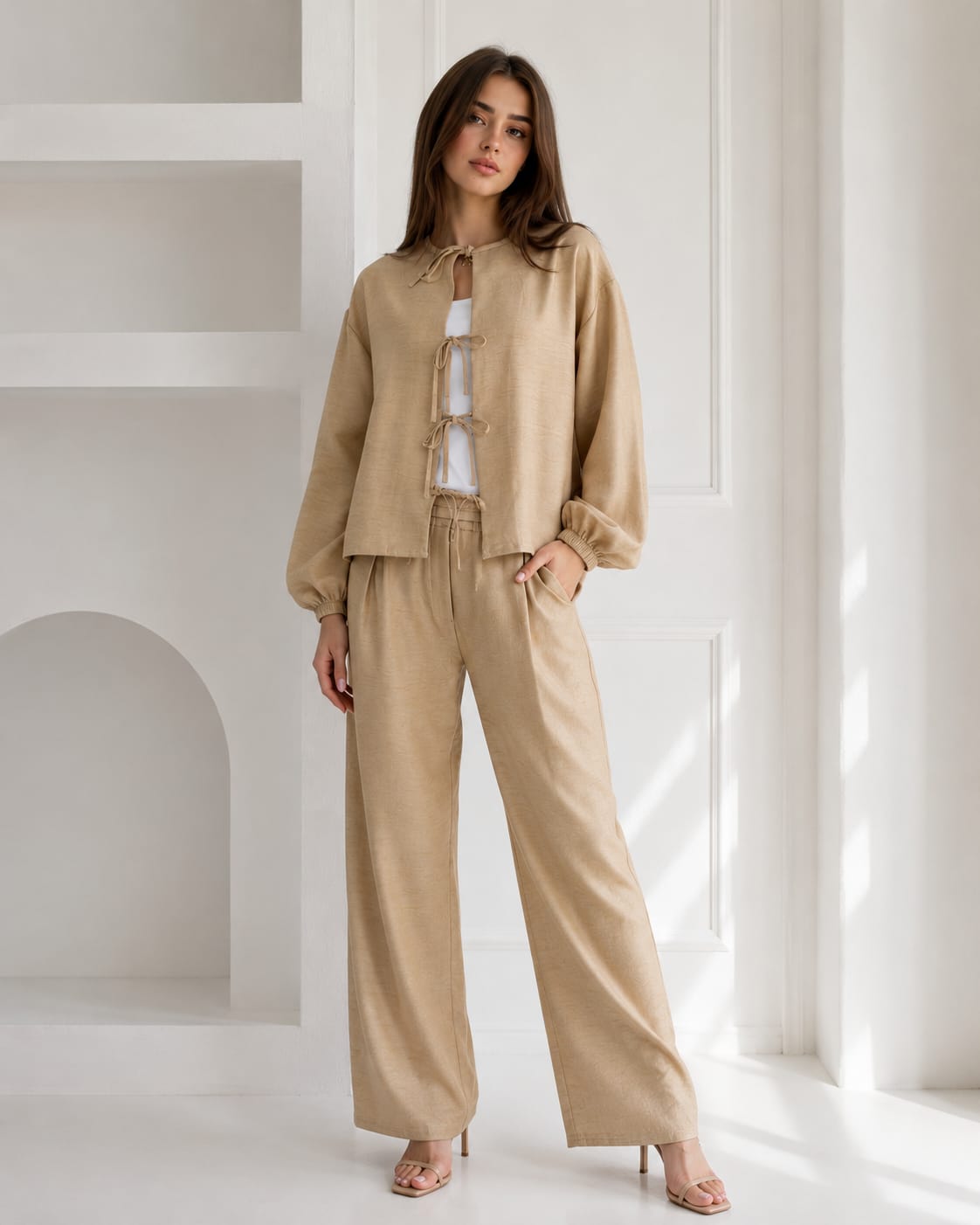 W-The Tie Details Blouse In Beige