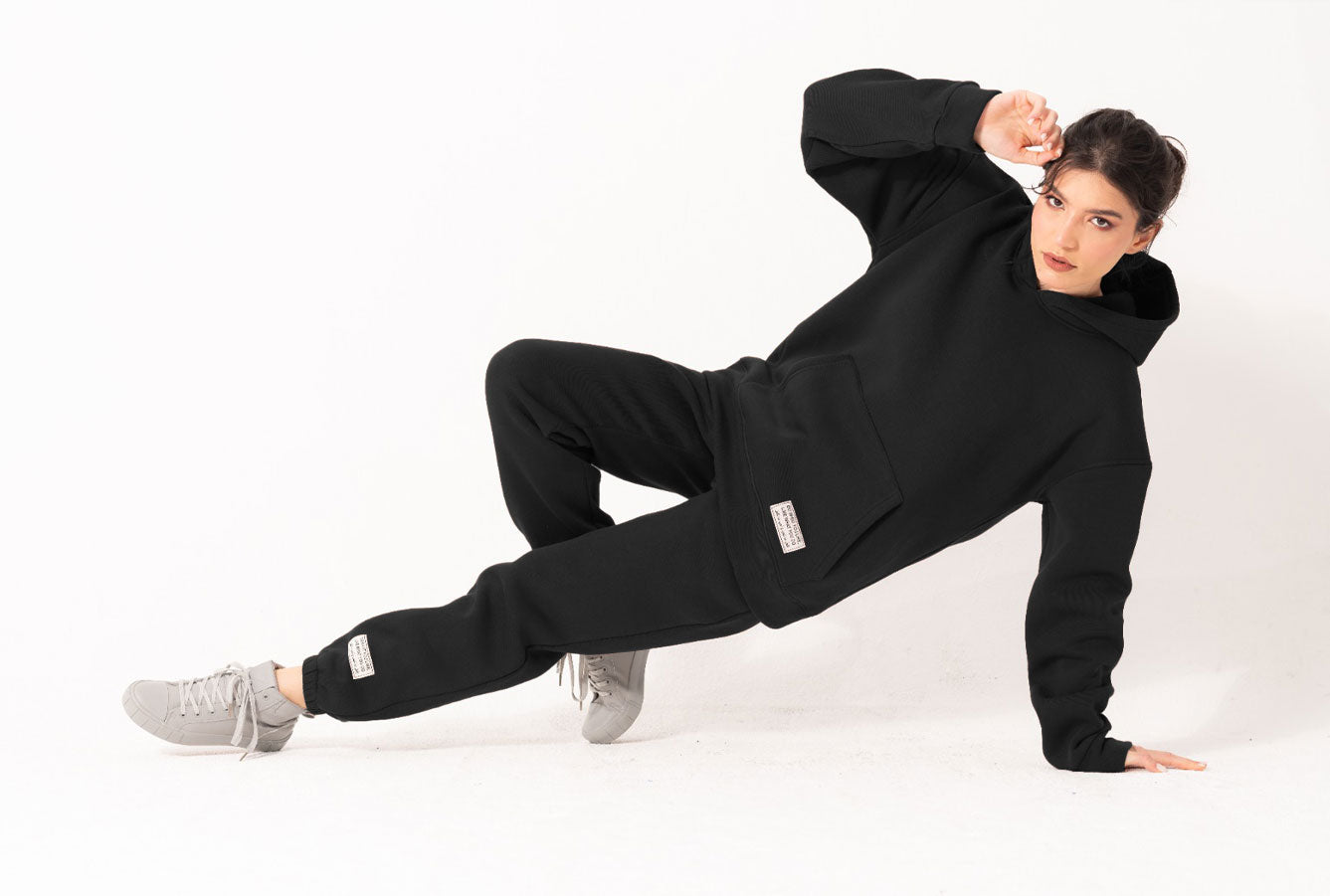 Basic Melton Hoodie Set In Black