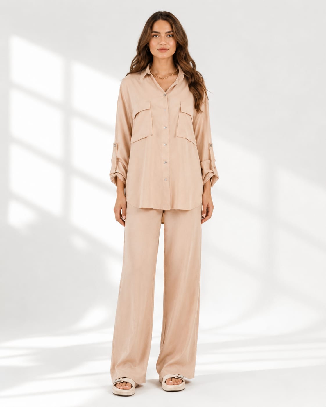 Flowy Shirt Set In Beige