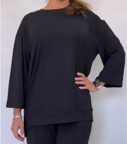 Long Sleeved Top In Cotton Lycra | Black