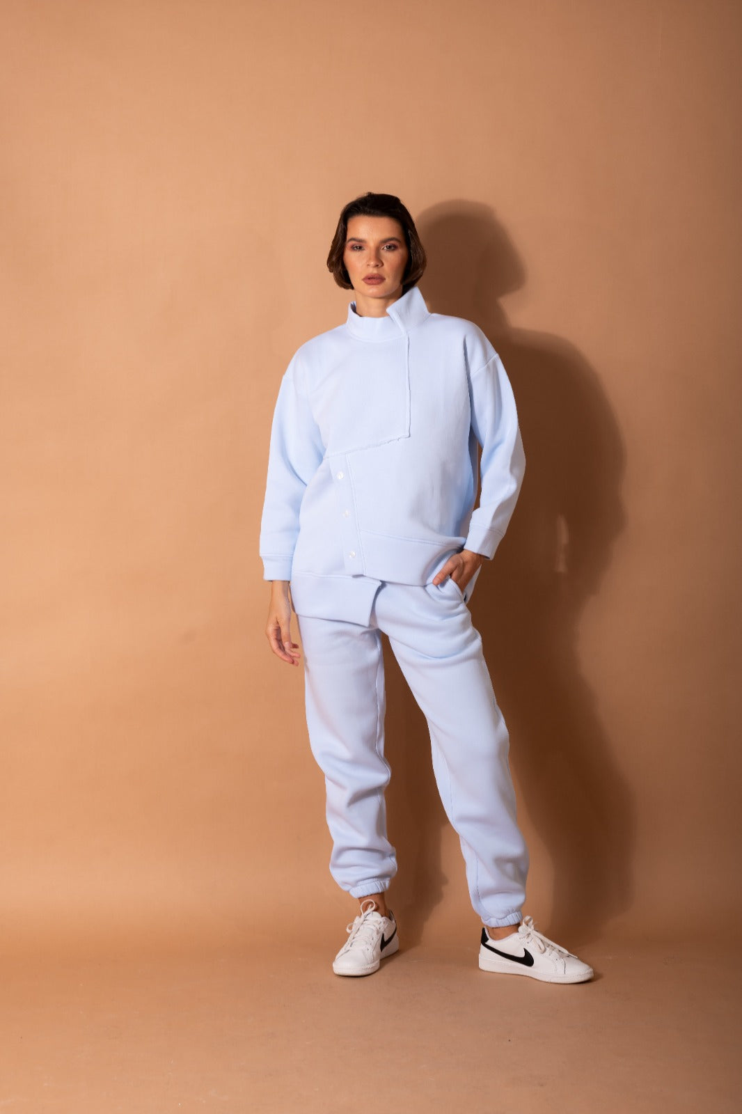 Asymmetrical Melton Buttoned Set In Baby-Blue