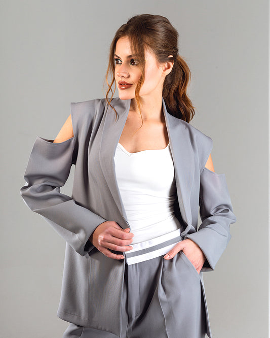 Draped Shoulder Blazer- Grey