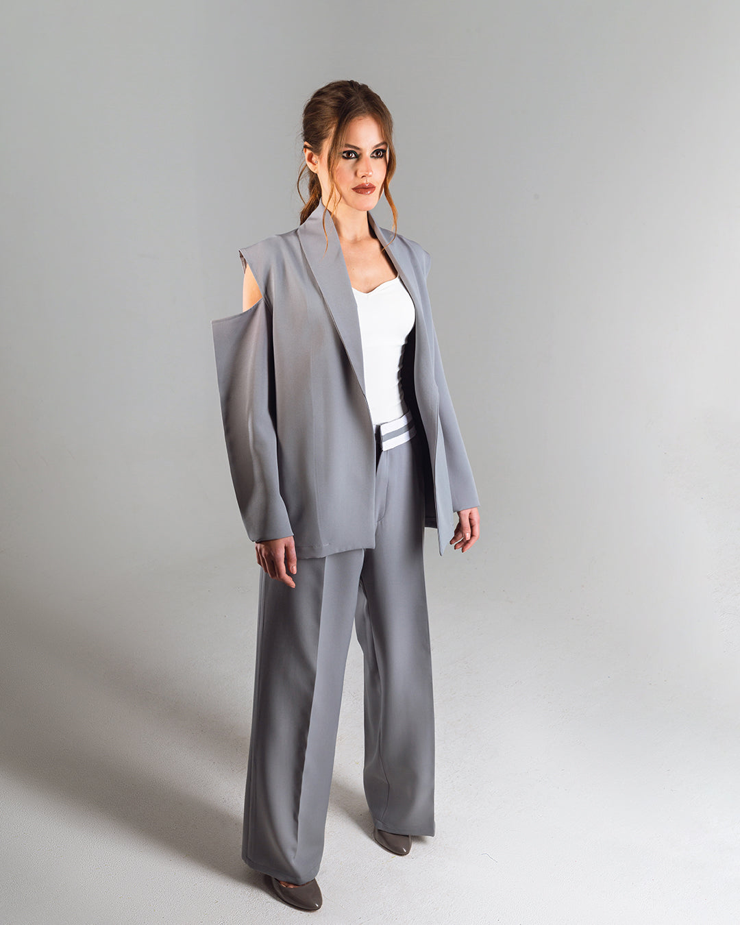Draped Shoulder Blazer- Grey
