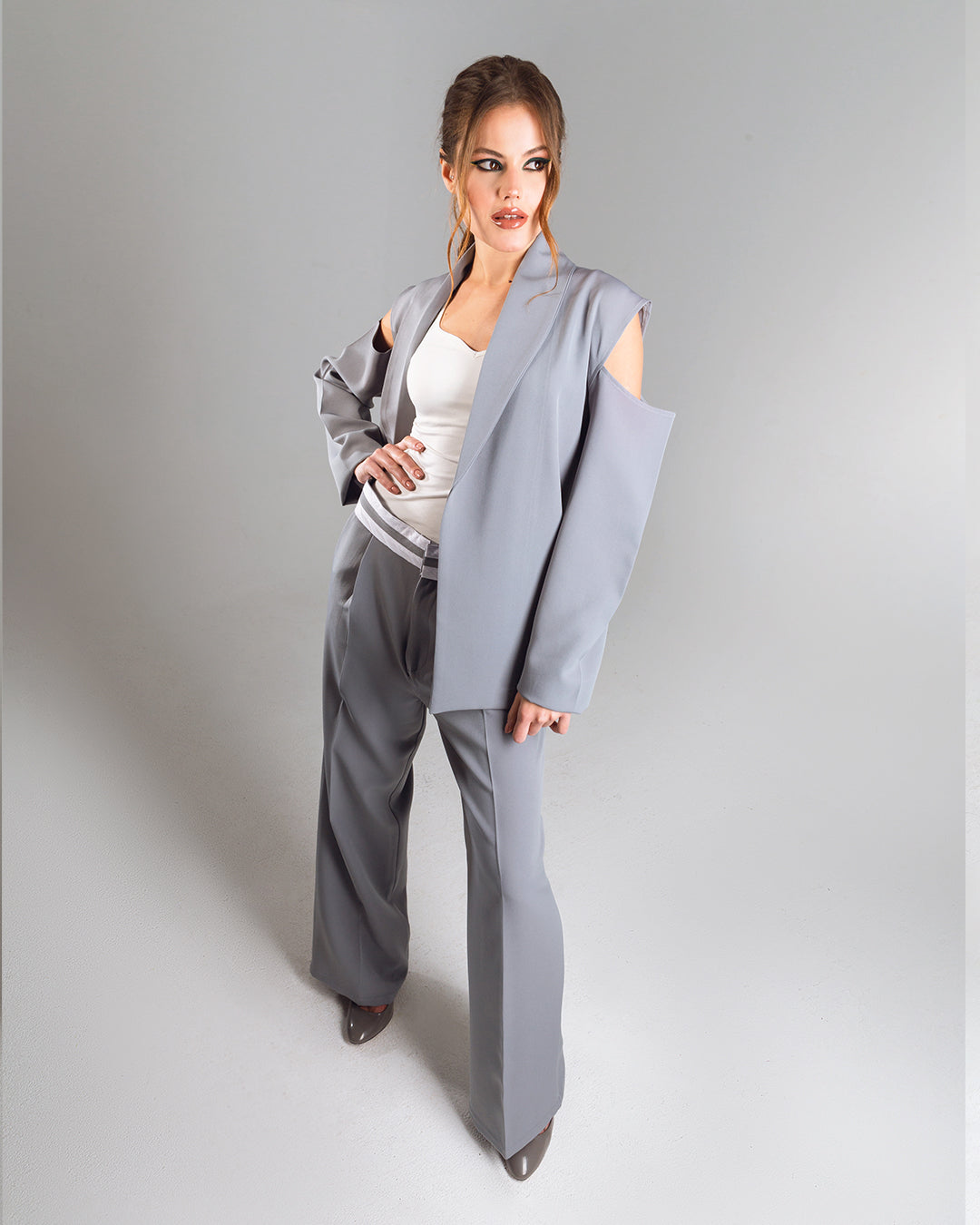 Draped Shoulder Blazer- Grey