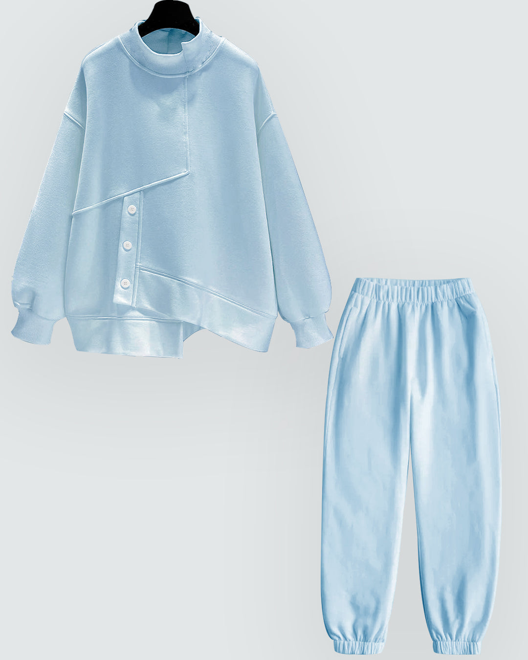 Asymmetrical Melton Buttoned Set In Baby-Blue