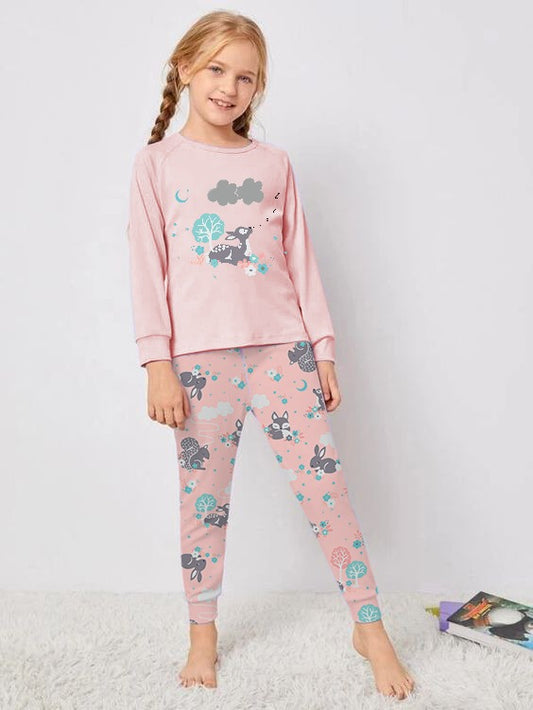 A- Printed Girls Pajama Set | Pink